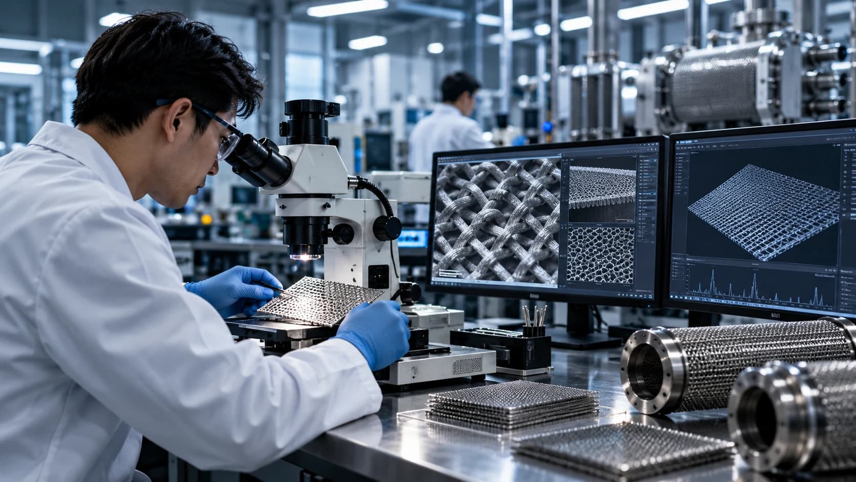 Illustration: an engineer examining a mesh sample under a microscope beside analysis screens