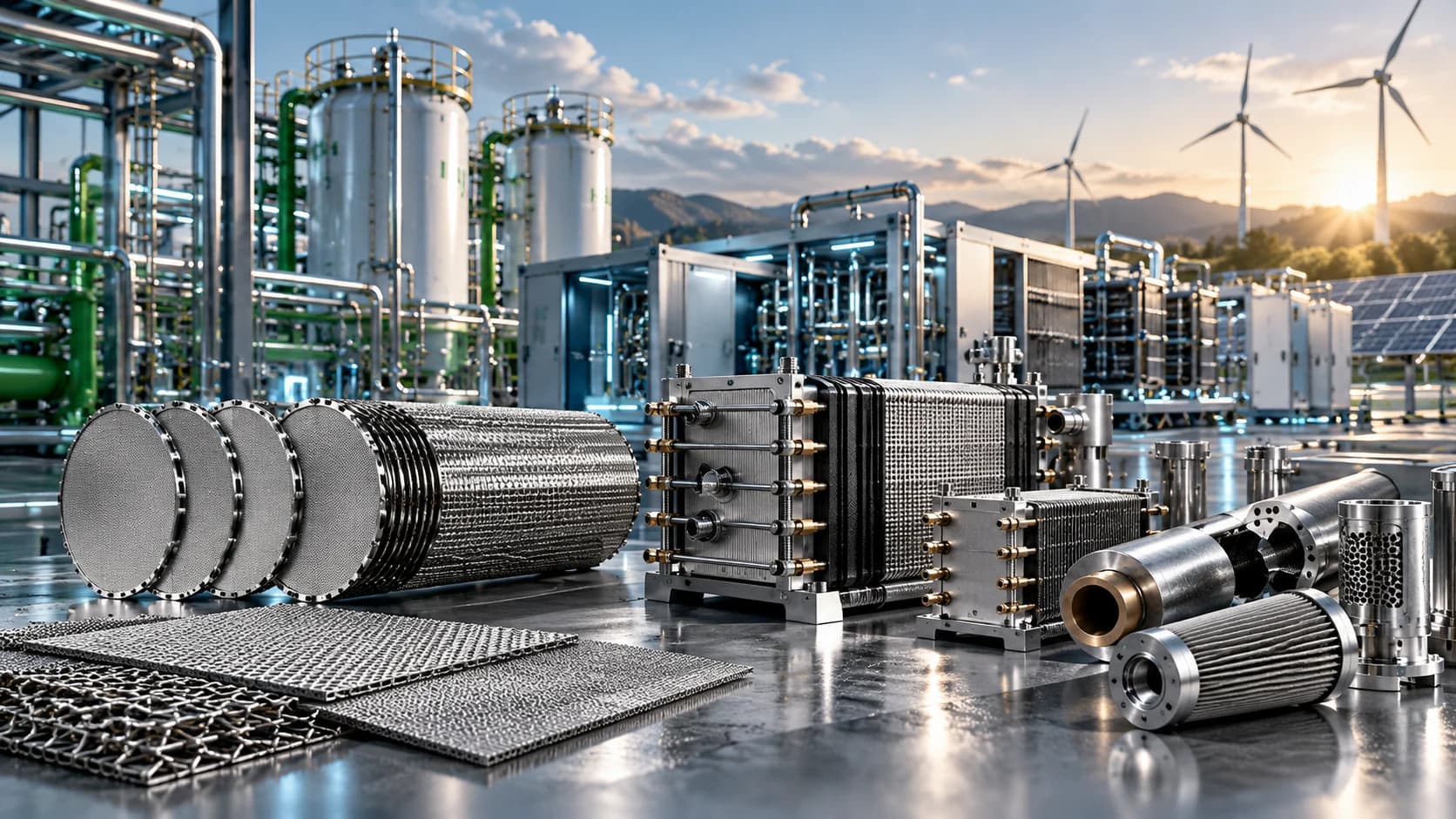 Illustration: electrolyser stacks, filter elements and mesh sheets in front of a hydrogen plant, solar panels and wind turbines