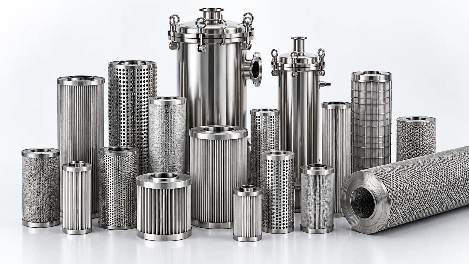Stainless steel filter cartridges, a filter housing and a roll of woven mesh