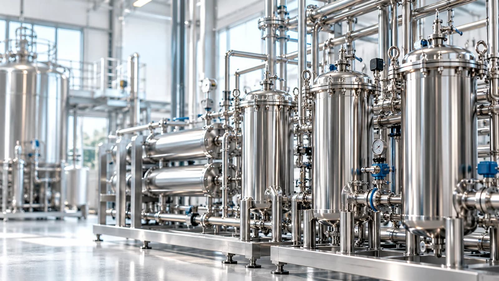Stainless steel filter housings and process pipework in an industrial filtration plant