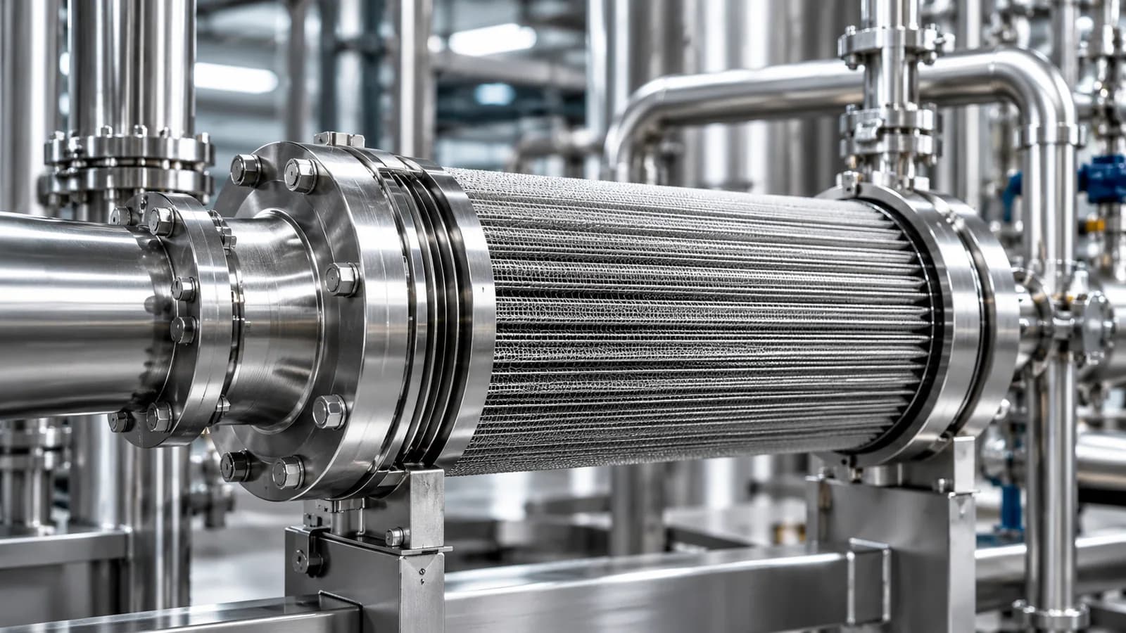 Pleated metal mesh filter element inside a flanged stainless steel housing