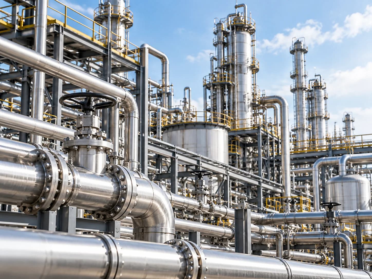 Stainless steel pipework, valves and distillation columns at an oil and gas refinery