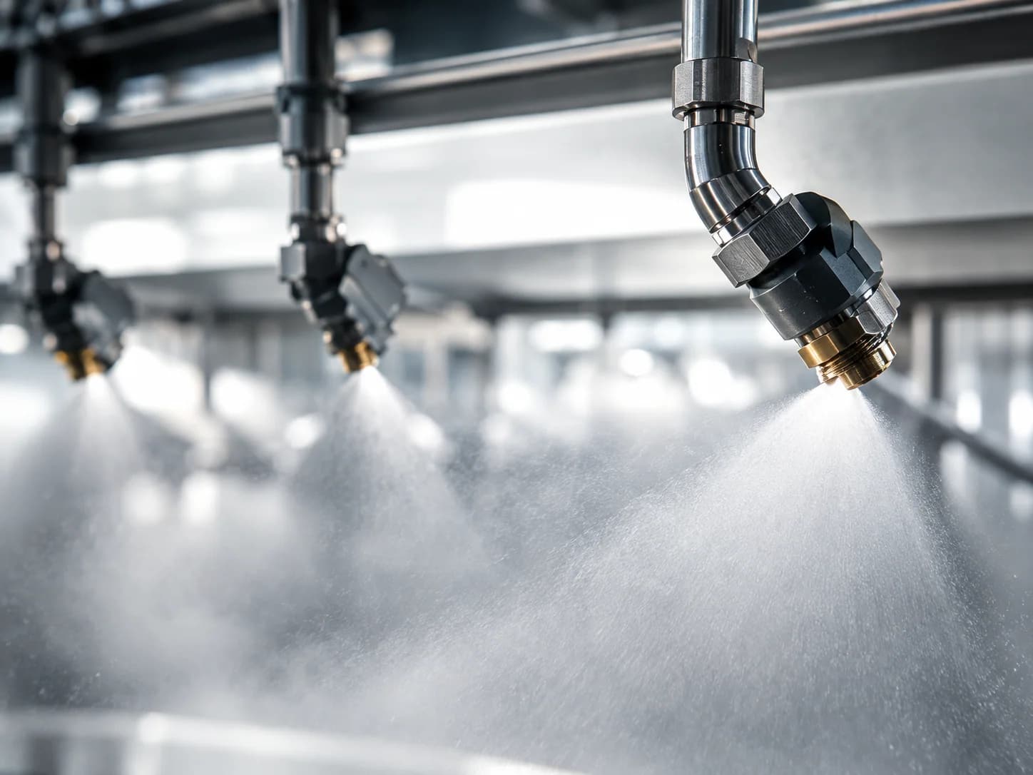 Stainless steel spray nozzles producing a fine mist over a process line