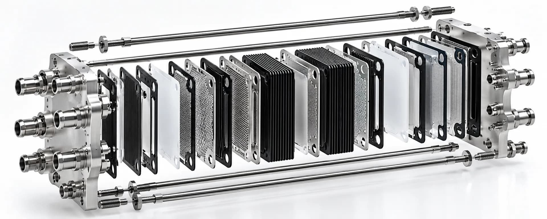 Illustration: exploded fuel cell assembly showing plates, mesh layers and tie rods