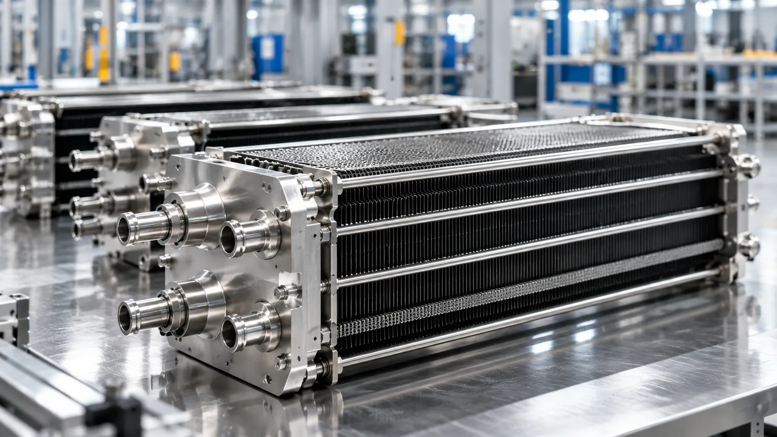Illustration: a fuel cell stack on a workshop bench