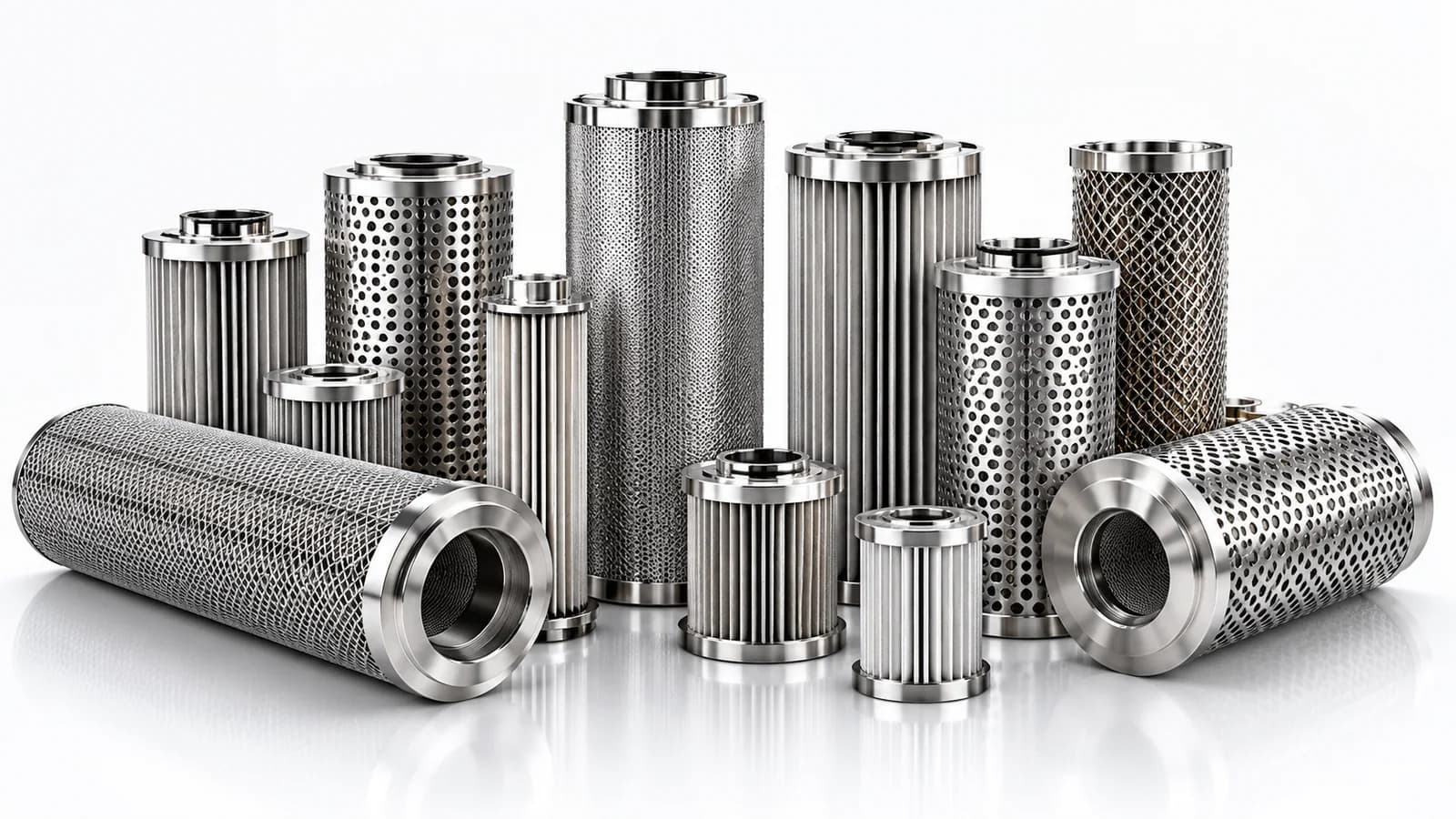 Collection of stainless steel pleated, perforated and woven mesh filter cartridges