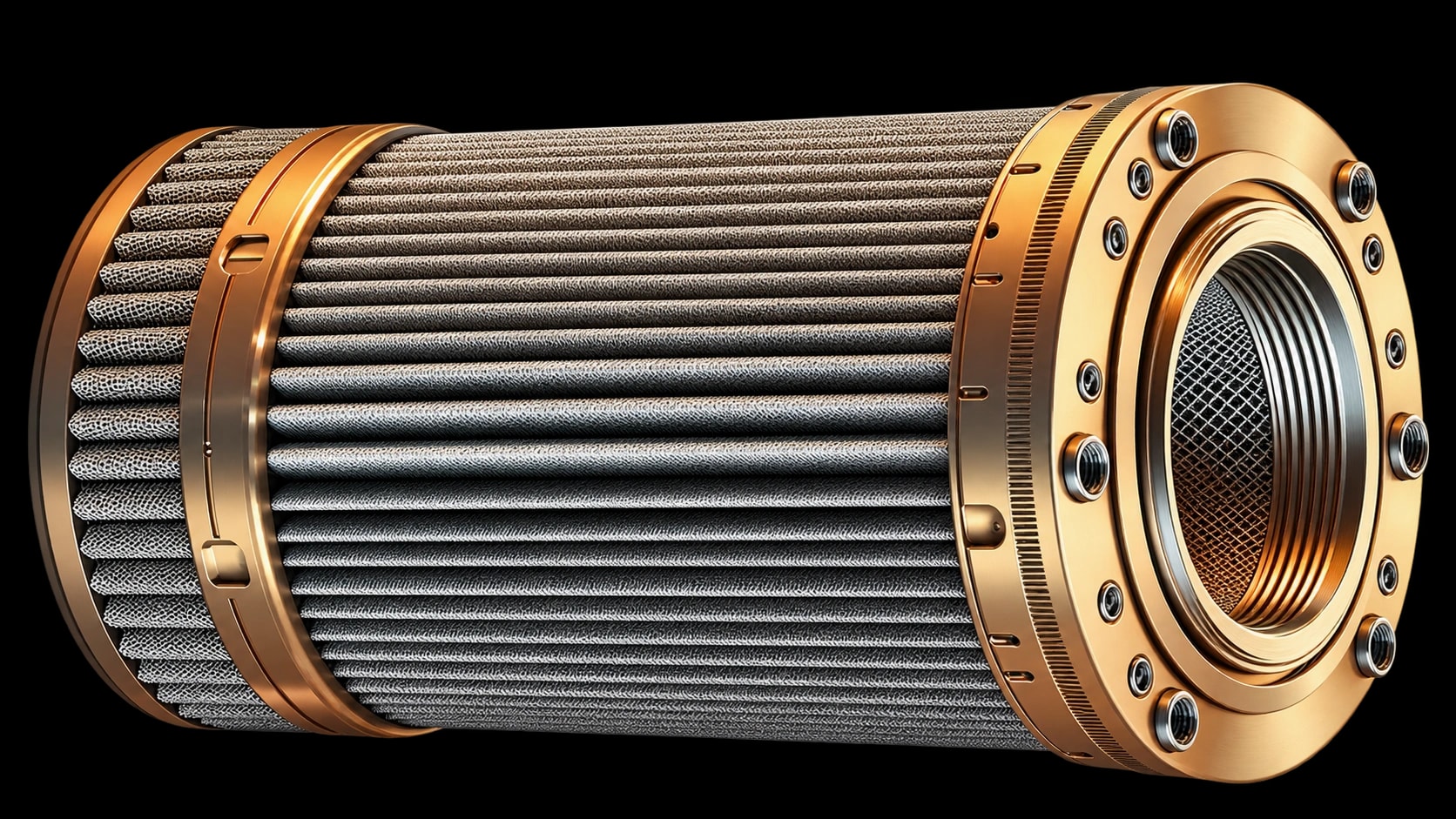 Illustration: pleated knitted mesh filter cartridge with end caps