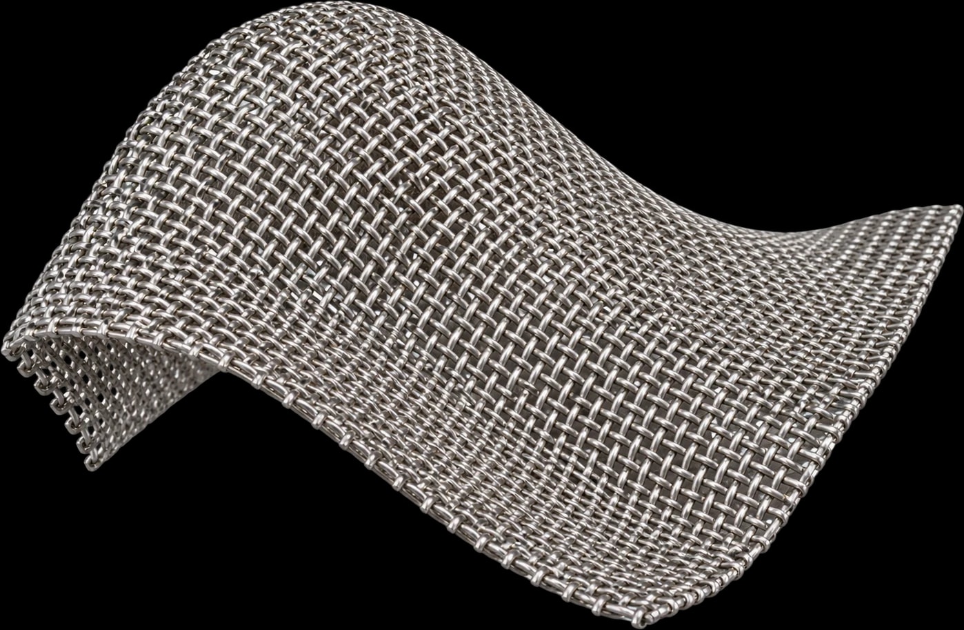 Curved sheet of woven metal mesh showing the interlaced wire structure