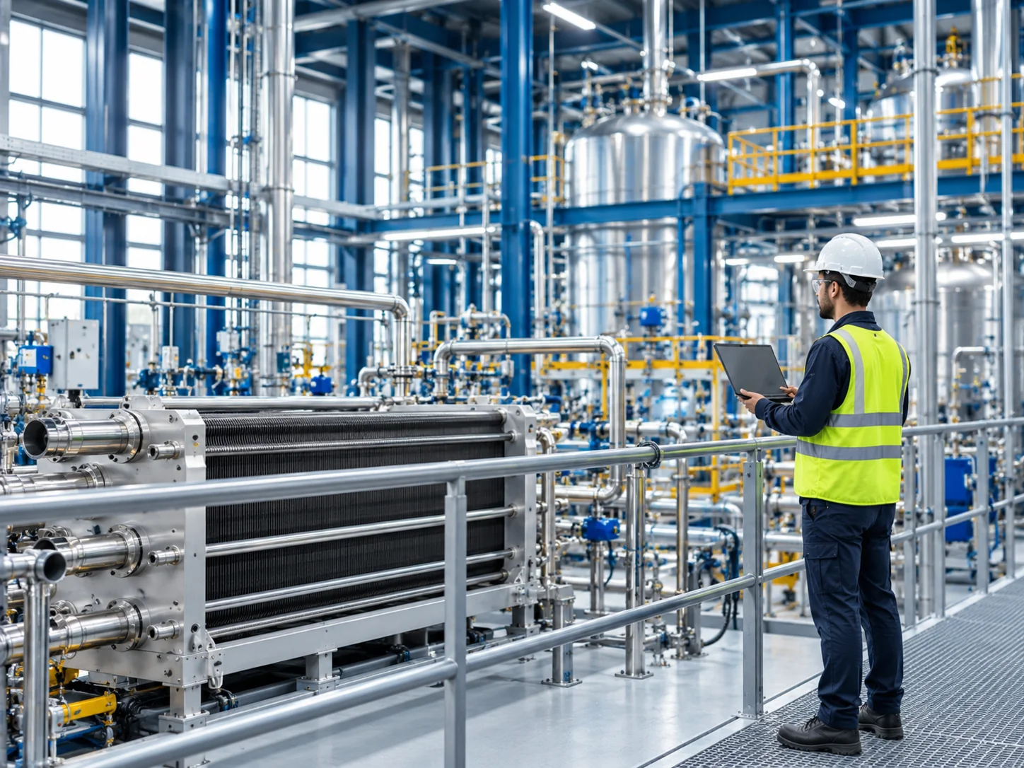 Illustration: Engineer inspecting an electrolyser assembly on a hydrogen plant platform