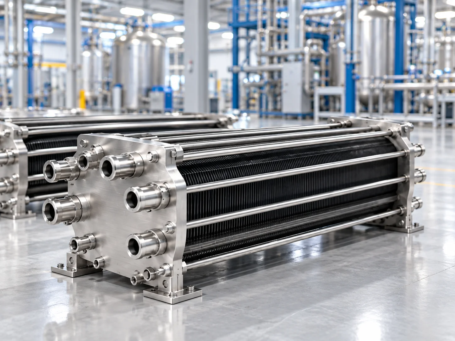 Illustration: Precision electrolyser assemblies on a hydrogen plant production line